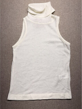 THEO Nomia Sheer Knit Sleeveless Turtleneck Top White Off-White Cream